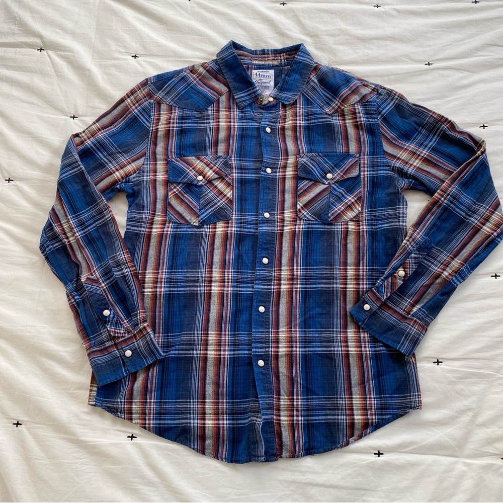 Authentic 44mm Legendary Goods Flannel LS Shirt Navy Burnt Orange Plaid Sz L